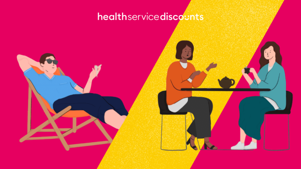 Split image between illustration of man relaxing and two women catching up